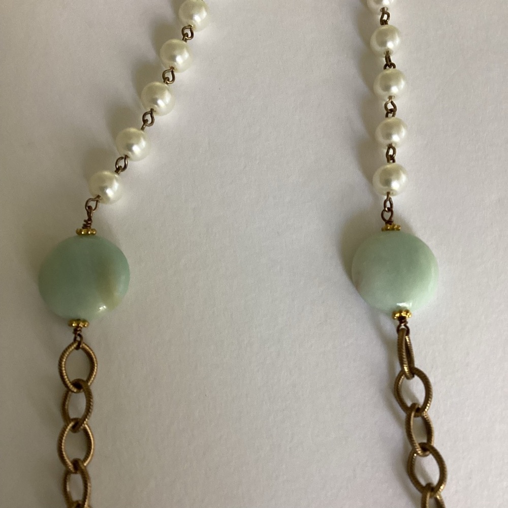 Julio Designs Necklace Mixed Pearl & Aqua Stone Gold Chain Accents Long Artisan - Picture 7 of 12